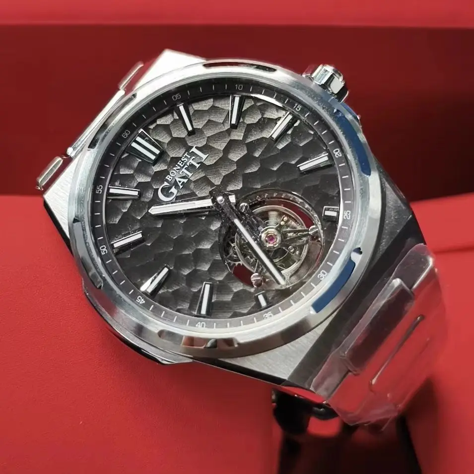 BONEST GATTI Men Tourbillon Watch Luxury43mm Automatic Mechanical Wristwatch Waterproof Sapphire Mirror Luminous Fish Scale Dial