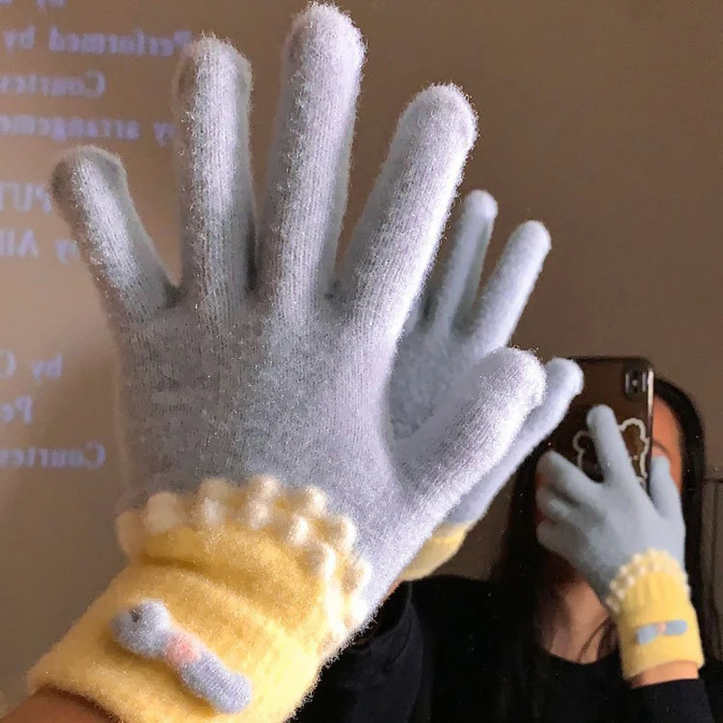 

1 Pairs Ladies' Gloves Bow Blue Cute Kawaii Sweet Gentle Mittens Winter Plush Thick Warm Knitted Five Finger Gloves For Girl