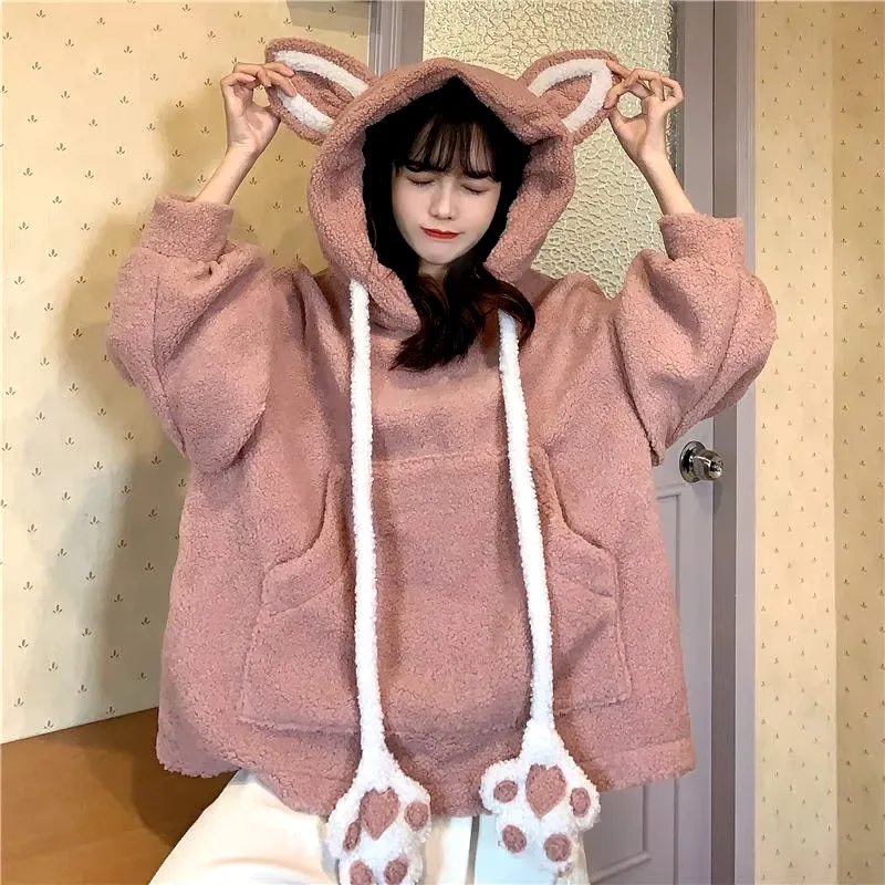 Moving Ears Cute Cat Java Kawaii Lamb Plush Hooded Loose Casual Sweater Women\'s Cotton Jacket Warm Pullover Clothing Aesthetic