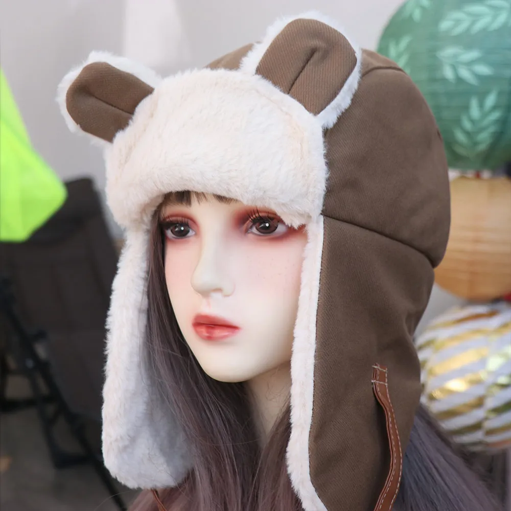 

Outdoor Winter Bear Ear Pilot Hat Warm Skiing Faux Fur Pilot Cap Cycling Plush Ear Protection Hat Unisex