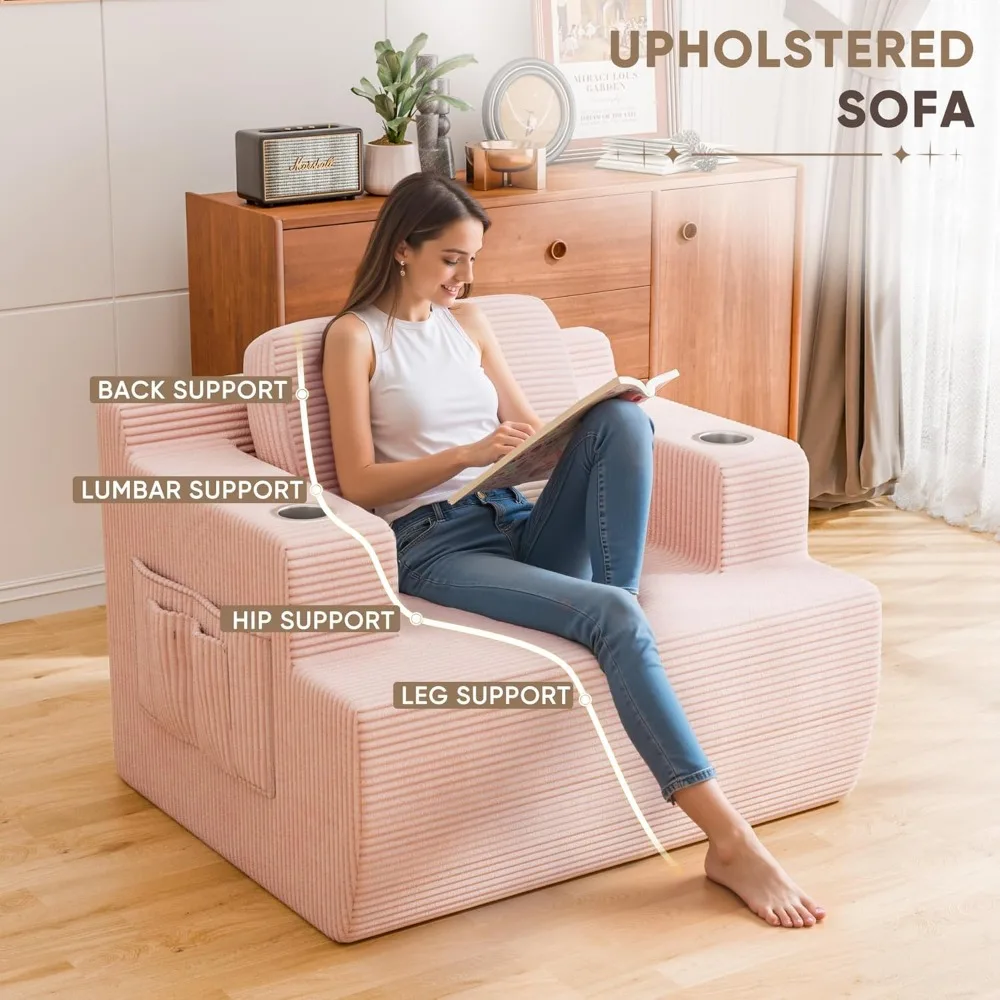 أريكة مفردة منجدة مع حامل أكواب وجيب تخزين للمساحات الصغيرة، أريكة بدون عظم للجلوس المريح #3