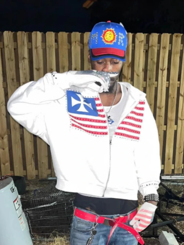 Men Women Zip Up Hoodie Oversized Long Sleeve Hooded Sweatshirt Flag Print Embroidery Streetwear Y2K Hip Hop Couple Jacket
