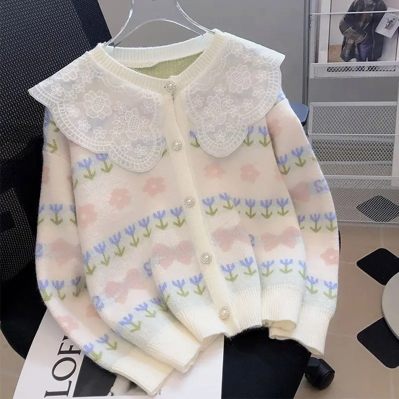 Doll Collar Jacket Knitted Cardigan Women's Spring and Autumn New Style Temperament Lace Long Sleeved Top