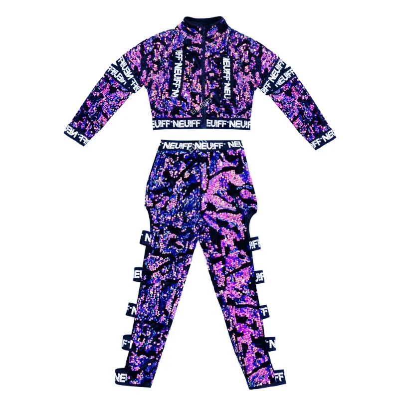 Children Girls Purple Sequin Hip Hop Set Street Dance Performance Clothing Jazz Costume Stage Dancing Wear Flared Sleeve Clothes