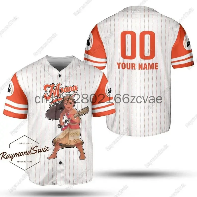 New Disney Moana Princess Baseball Jersey Outdoor Sports Style Casual Jersey Men's and Women's Custom Name T-shirt