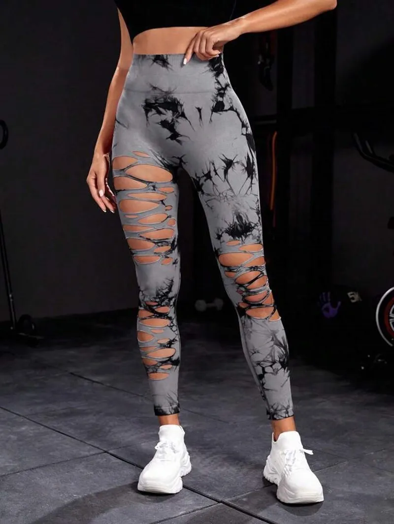 Neue sexy Hollow Out Tie Dye Leggings Frauen nahtlose Leggings hohe Taille Hüfte heben dehnbare Sport Fitness Laufen Yoga Strumpfhosen