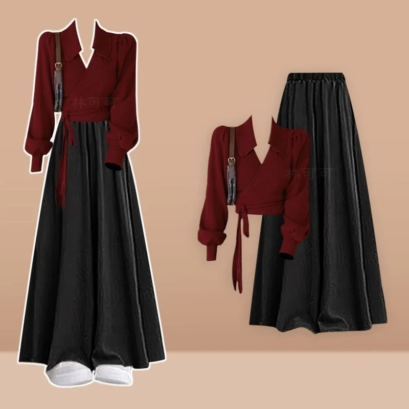 Female 2026 Autumn/Winter New Fashion Short Knit Sweater+Casual Skirt Pants Two-Piece Suit Korean Elegant Tracksuit Matching Set