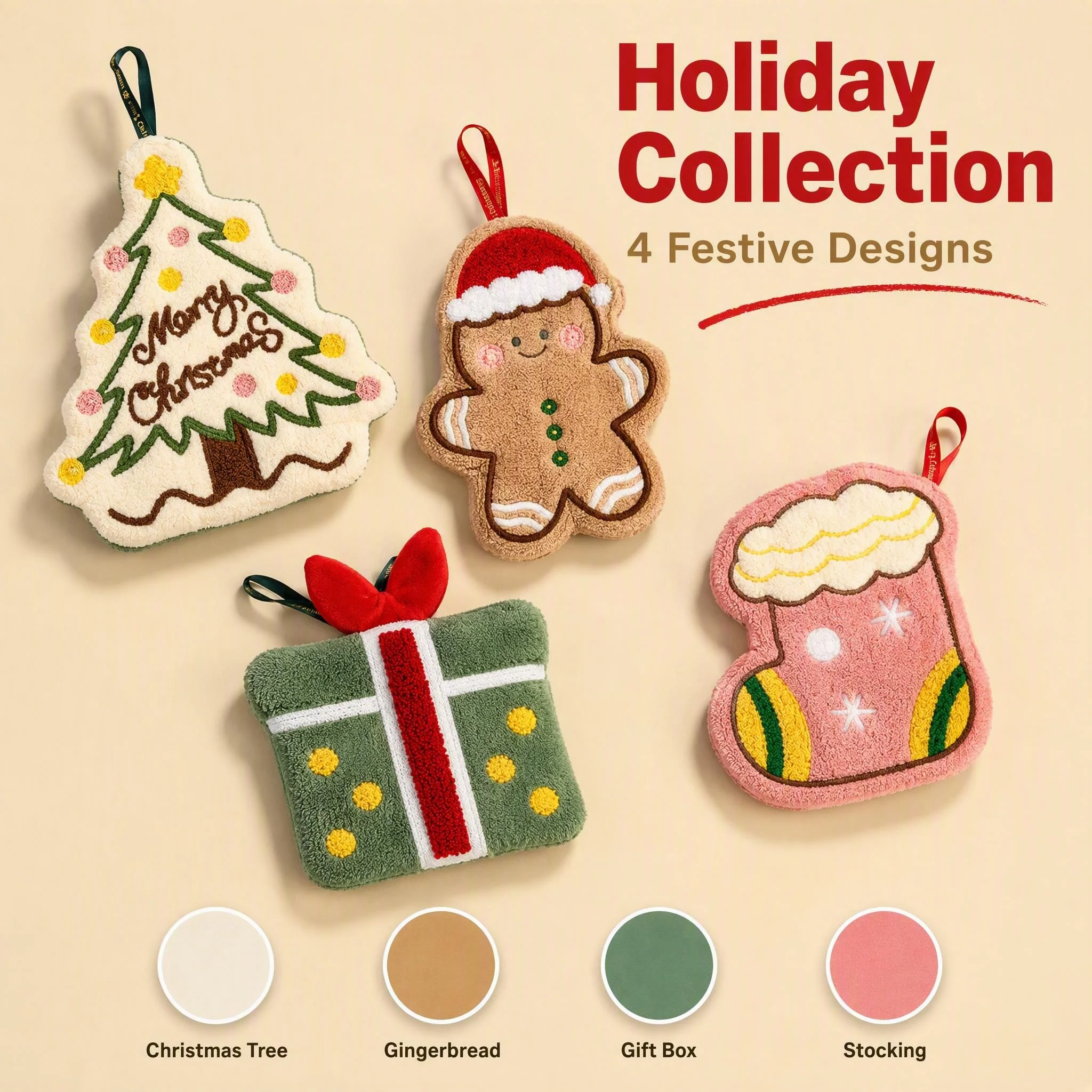 2Pcs Random Style Christmas Hanging Hand Towel, Cute Gingerbread Man Christmas Tree Gift Box Stocking Absorbent Towel for Kitche