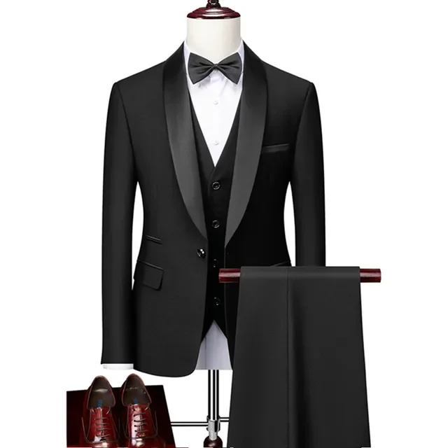 3 Pcs Men Lapel Black Collar Suit Set Coat Vest Trousers / Business Groomsmen Groom Wedding Dress Fprmal Blazer Pants Waistcoat