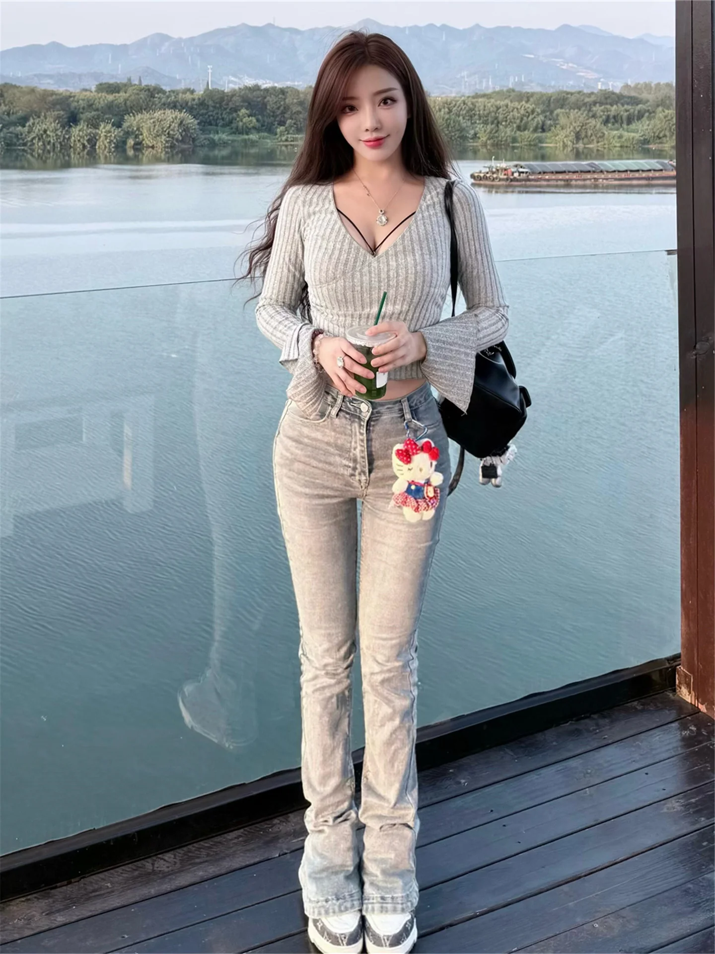 Retro Light Blue Women's Jeans Spring Slim Fit High Waist Bell Bottoms Elastic Long Flared Pants Casual High Waist Cotton Zipper