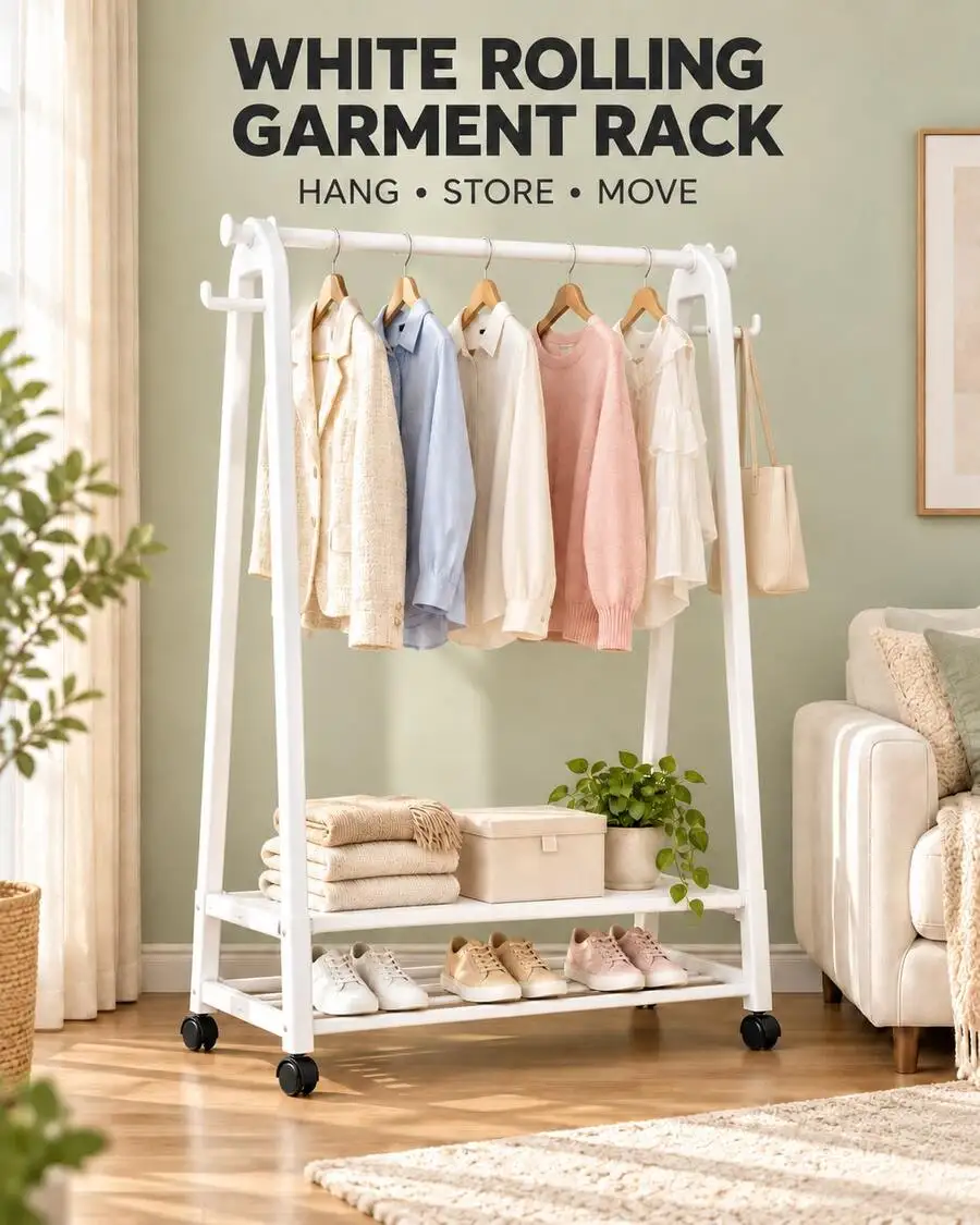 Rolling Clothes Rack With Wheels & Side Hooks, Freestanding Metal Garment Rack With Fabric Shelf And 3-Bar Shoe Rack, Space-Savi