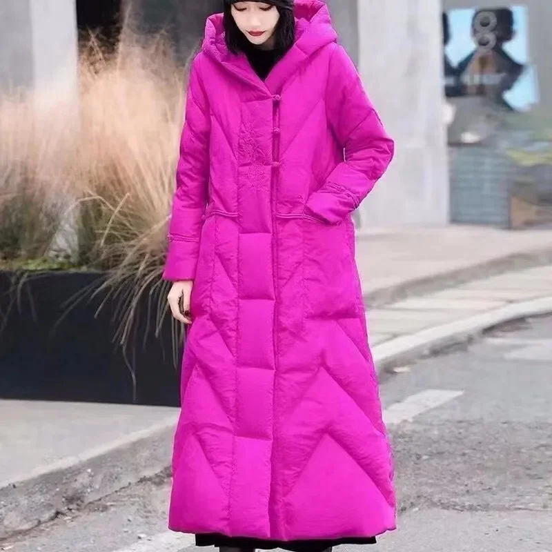Winter Unten Baumwolle Gepolsterte Frauen Chinesischen Nationalen Stil Lange Outwear Verdickt Warme Mit Kapuze Parka Mantel Weibliche