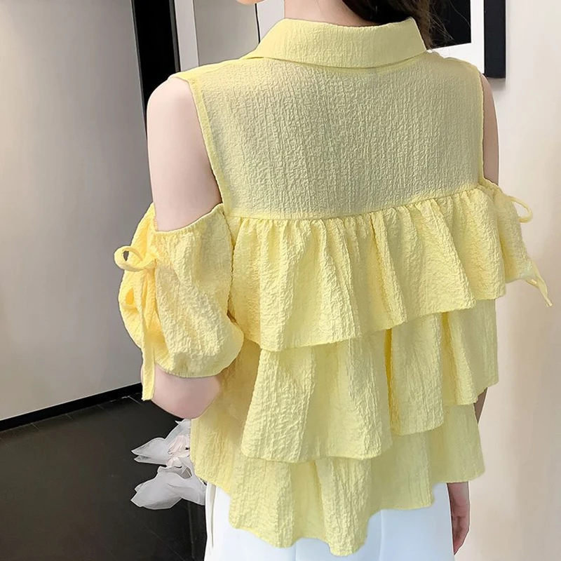 Casual Off Shoulder Ruffles White Shirt for Women Short Sleeve Y2k Clothes Chiffon Blouses Sweet Cute Ladies Summer Crop Tops - view 5