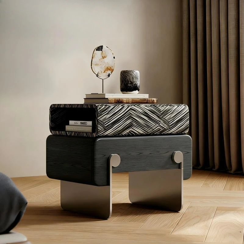 Italian minimalist creative home bedside table designer small bedroom ash veneer swivel black cabinet bedside table