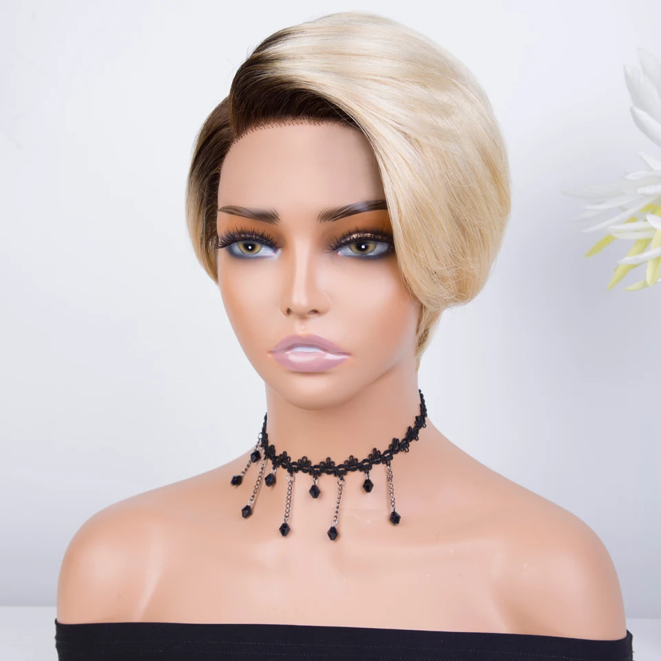 Lekker 613 Blonde Short Pixie Cut Straight 100% Human Hair Side Part Lace Wigs For Women Brazilian Remy Hair Glueless Clearance