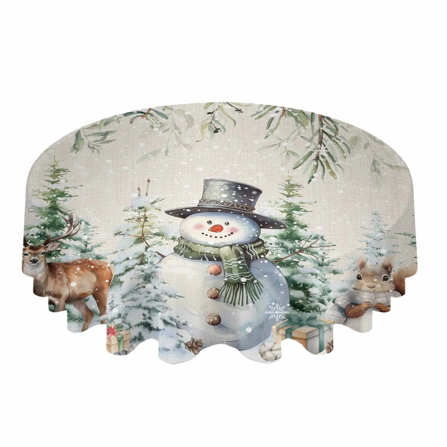 Christmas Snowman Berry Pine Christmas Tree Squirrel Round Tablecloth Waterproof Table Cover Home Kitchen Decoration Table Cloth