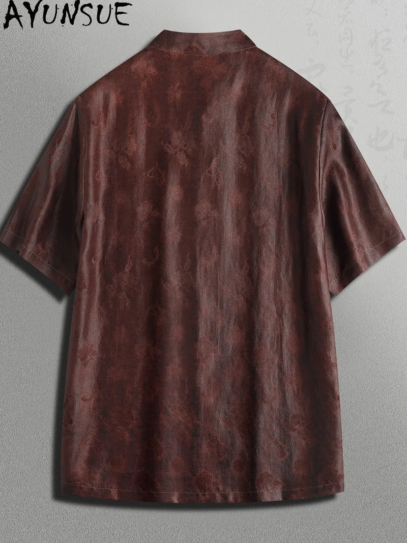 AYUNSUE 100% Natural Mulberry Silk Shirts for Men 2026 Luxury Watered Gauze Short Sleeve Shirt Summer Top Jacquard Shirt Fashion