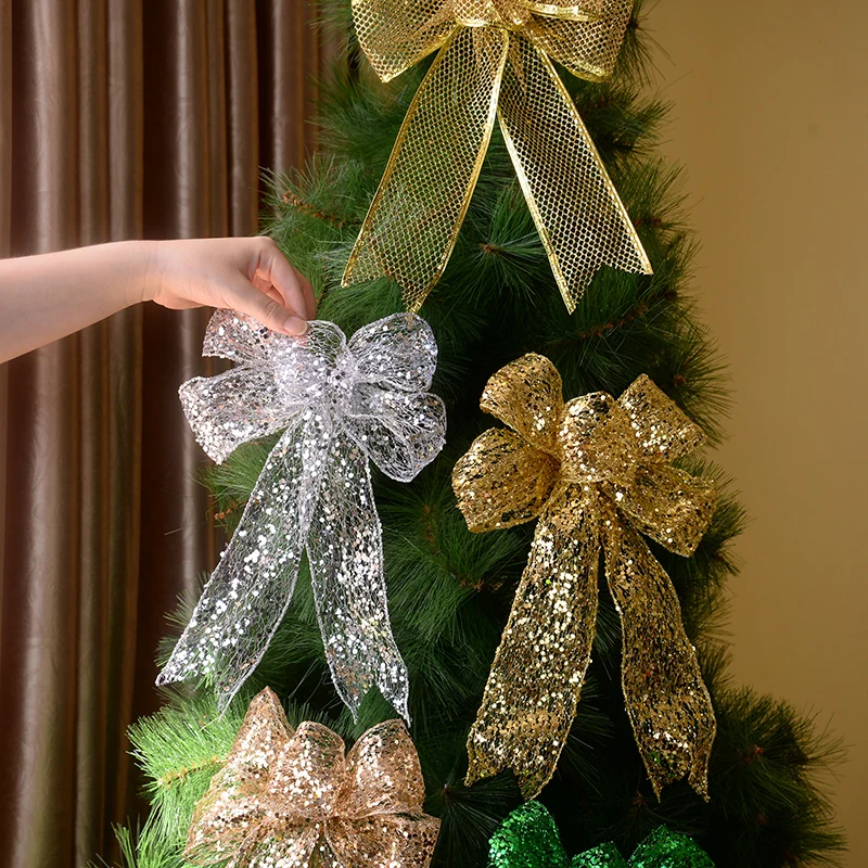 1 buah 30cm pita Natal besar busur poliester Emas Glitter ikatan simpul pohon Natal hiasan gantung Tahun Baru dekorasi rumah Navidad 2025