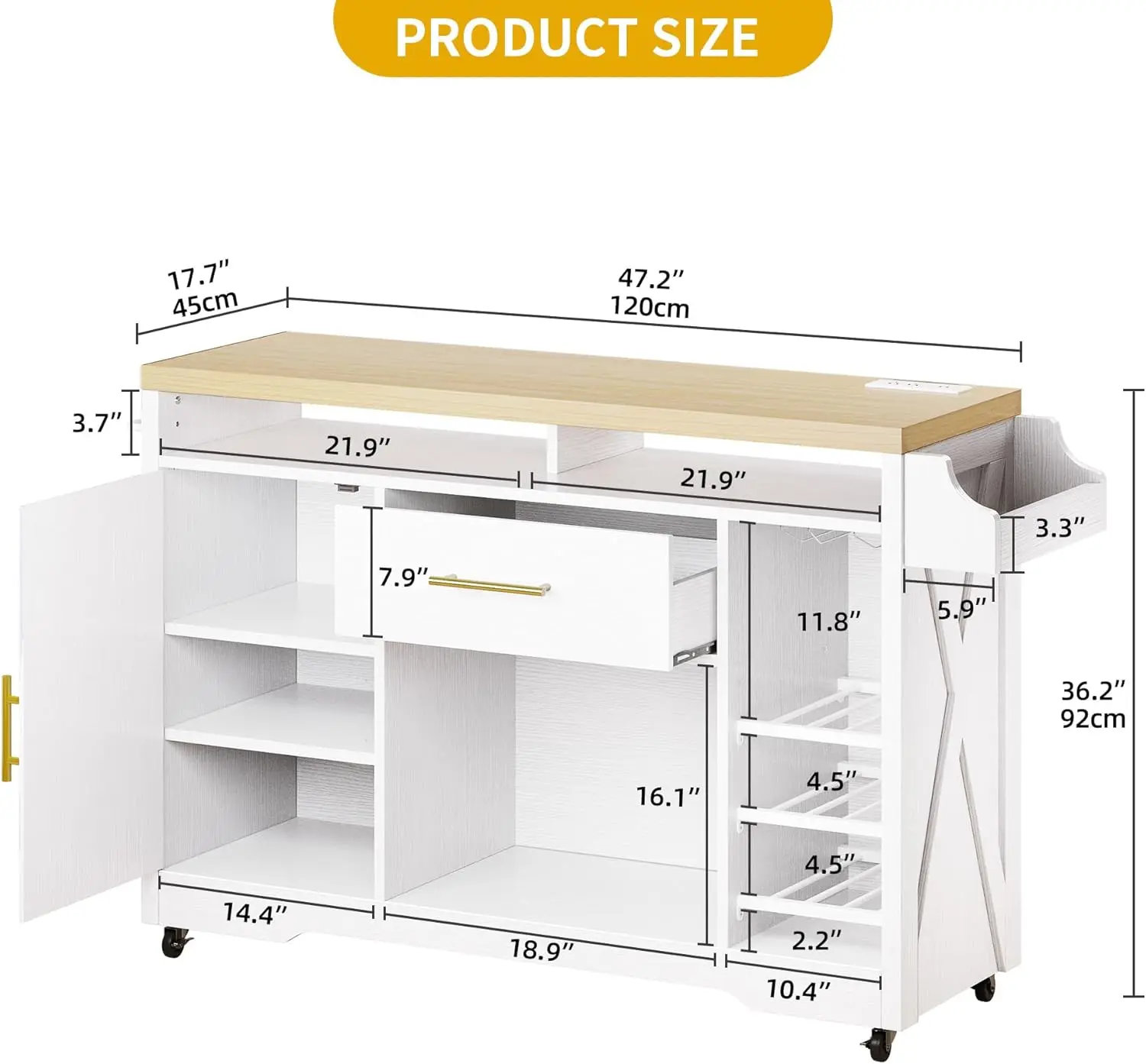 Dwvo 53 Inch Kitchen Island With Power Outlet & Wine Storage, Farmhouse Island Cabinet Portable Rolling Islands Cart On Wheels