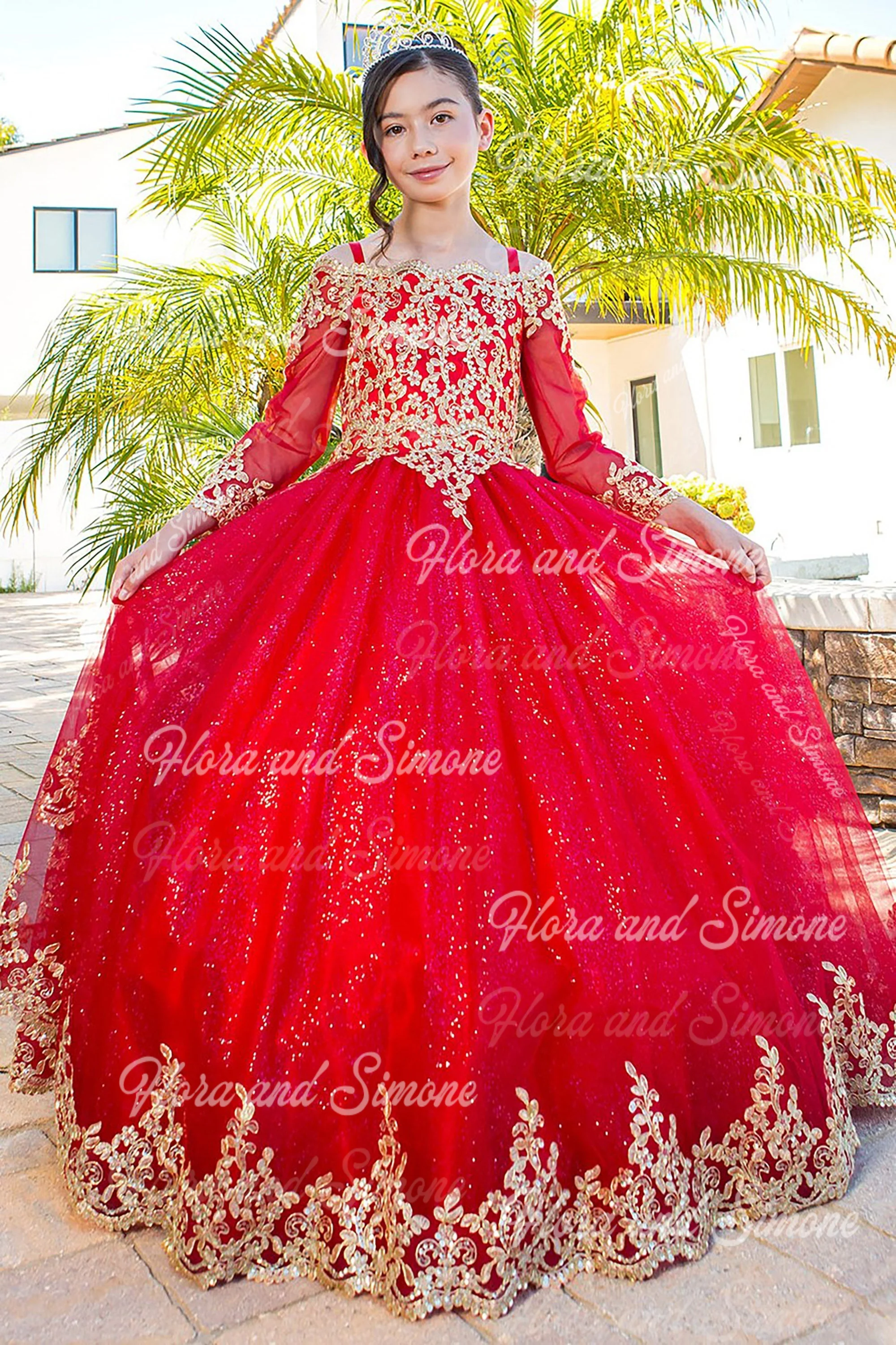 Vestido de niña de flores rojas con apliques dorados brillantes, vestido de baile para niños con hombros descubiertos, vestido de primera comunión para desfile, fiesta de cumpleaños personalizada