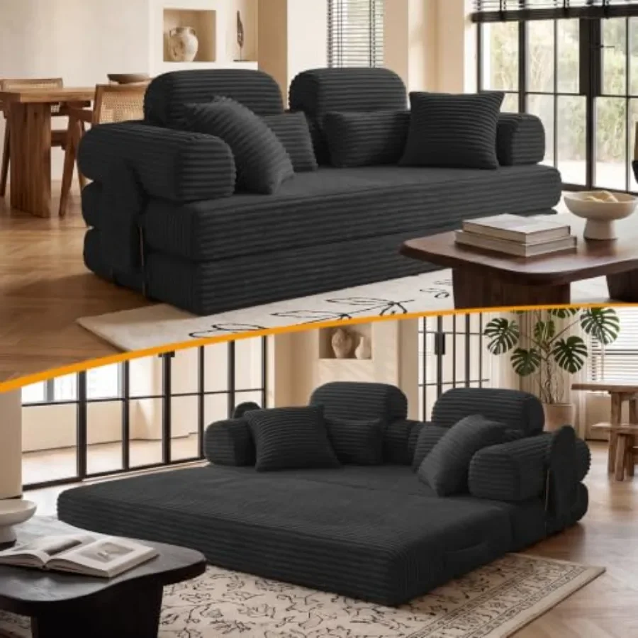 for Living Room, High Back Futon Sofa Bed Set: Fabric, Gray, Converts Easily from Sofa to Full-Size Bed with Sturdy Wooden Fram