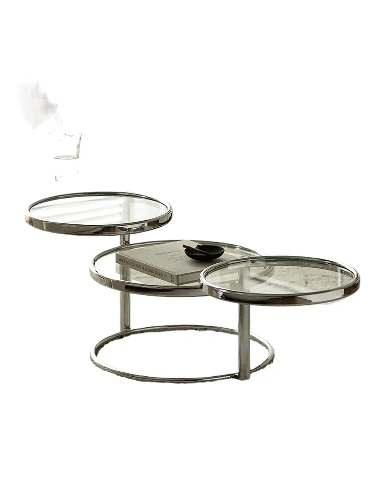 

Stainless steel coffee table household living room small apartment Bauhaus rotating glass round coffee table