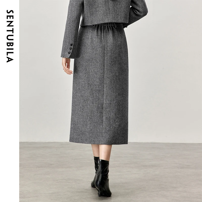 SENTUBILA Winter Wool Blend Midi Skirts Women 2024 Office Work Elastic Waist Straight Split Grey Skirt Female Clothes 144Q57456