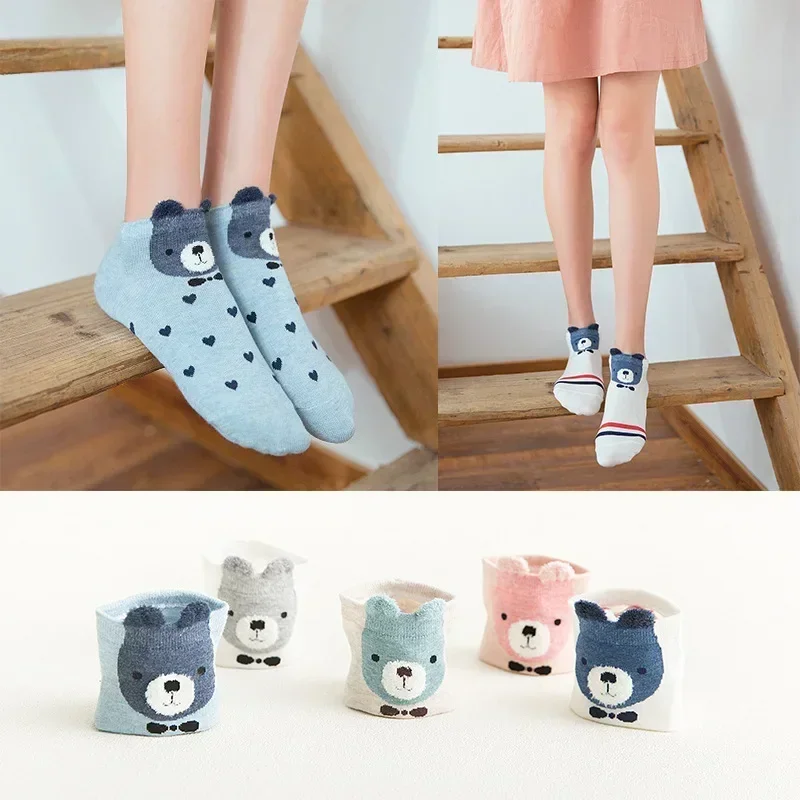 5Pairs New Arrivl Women Cotton Pink Cute Cat Ankle Socks Short Women Socks Casual Animal Ear Red Heart Gril Socks 35-40