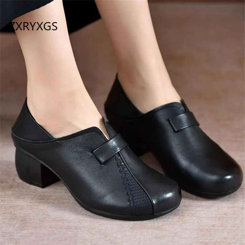 

ZXRYXGS/Новая модная женская обувь из натуральной кожи с верхним слоем из воловьей кожи, элегантная удобная мягкая подошва, нескользящая толстая обувь на среднем каблуке Tide