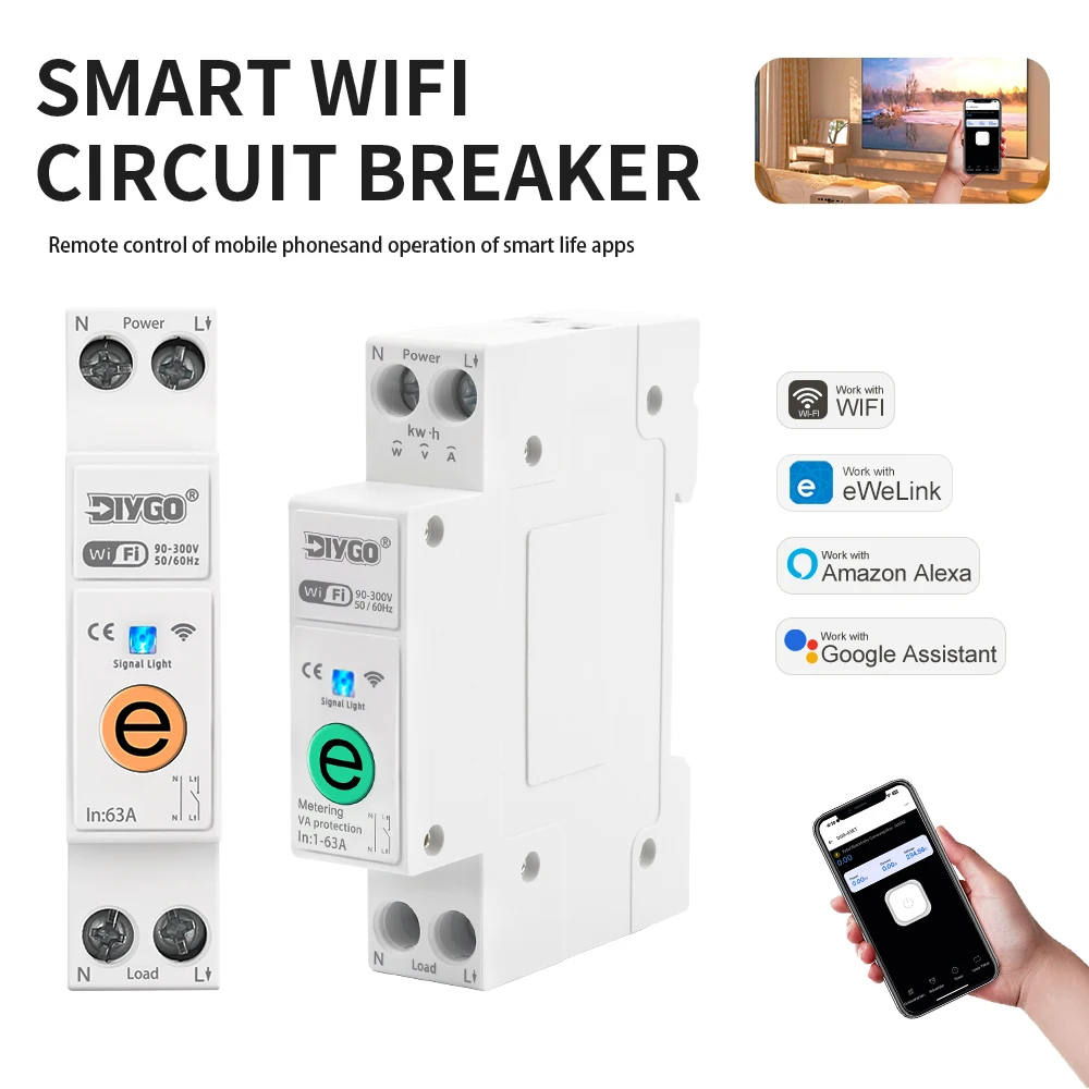 1P+N eWeLink WIFI Circuit Breaker 63A Din Rail Mounting Relay Miniature Household Switch Voice Remote Control Smart Life Alexa