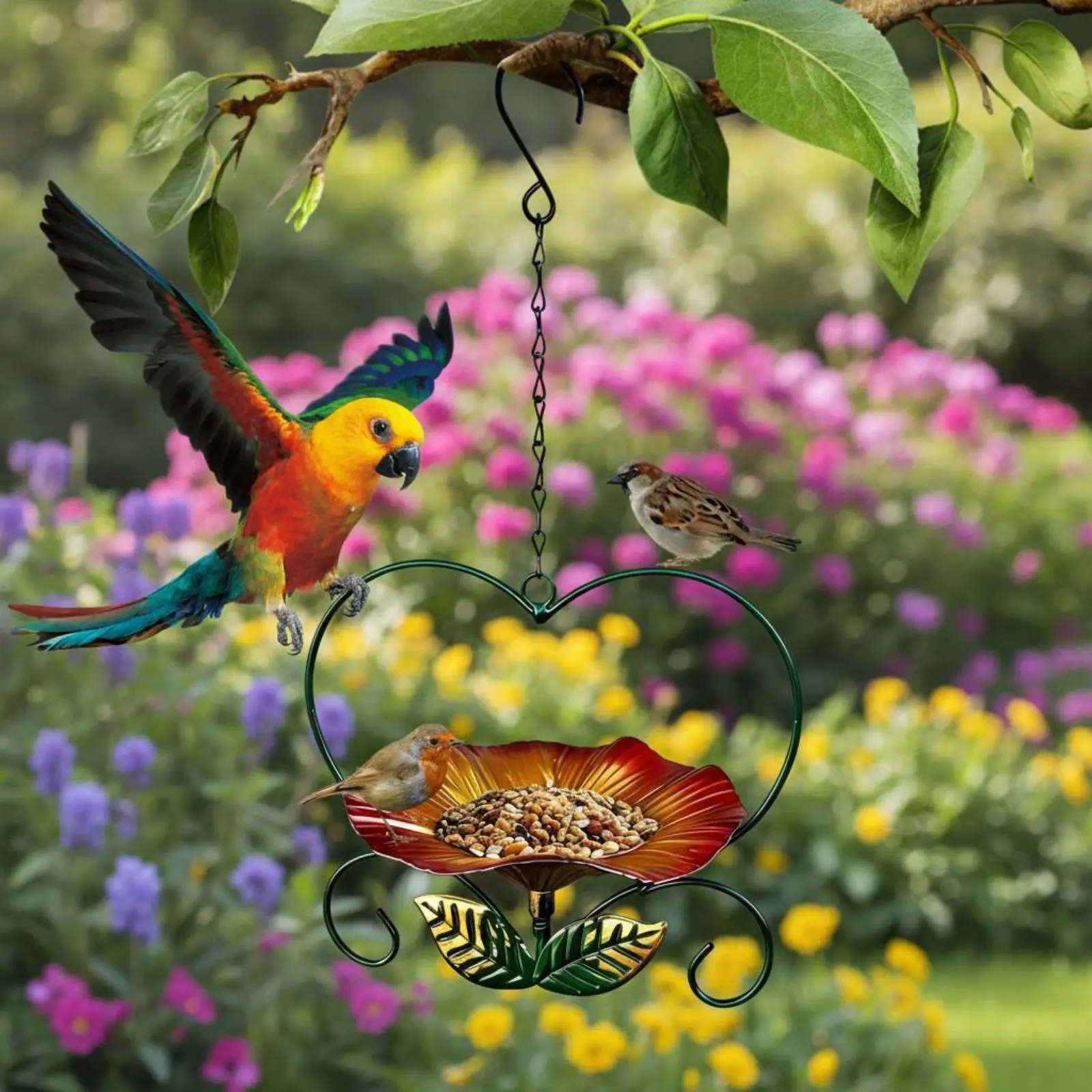 

3 Pieces Heart Shaped Bird Feeder Decorative Metal Flower Bird Feeder for Tree Branch, Patio