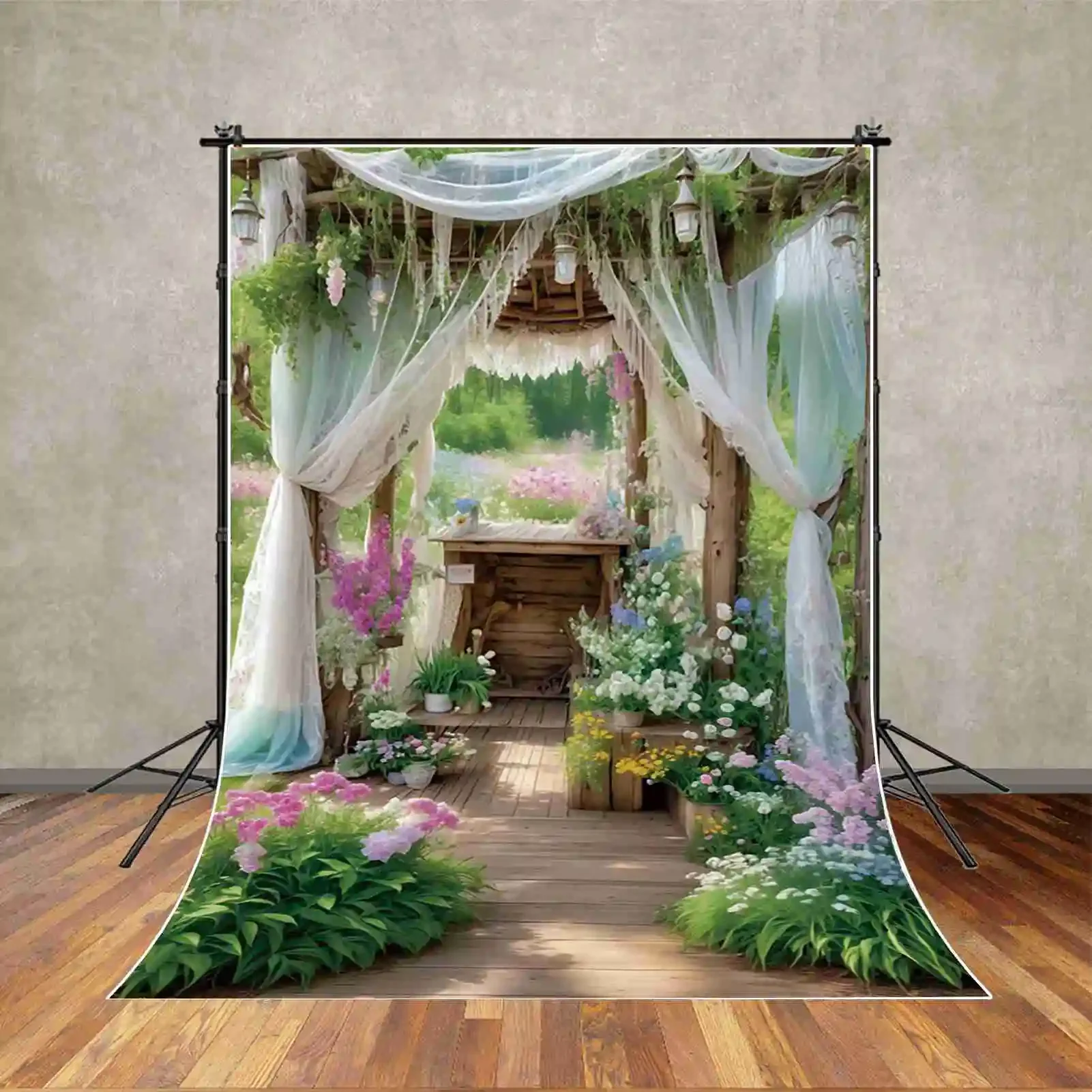 MOON.QG Spring Enchanted Garden Party Photography Backdrops Grass Flowers Curtain Balcony Background Home Decoration Photo Props