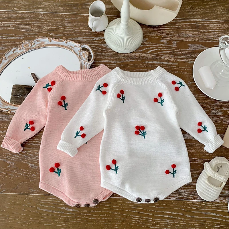 Newborn Girls Jumpsuits Infant Baby Girls Knit Romper Cherry Embroidery Long Sleeve Button Warm Spring Toddler Clothes Jumpsuits