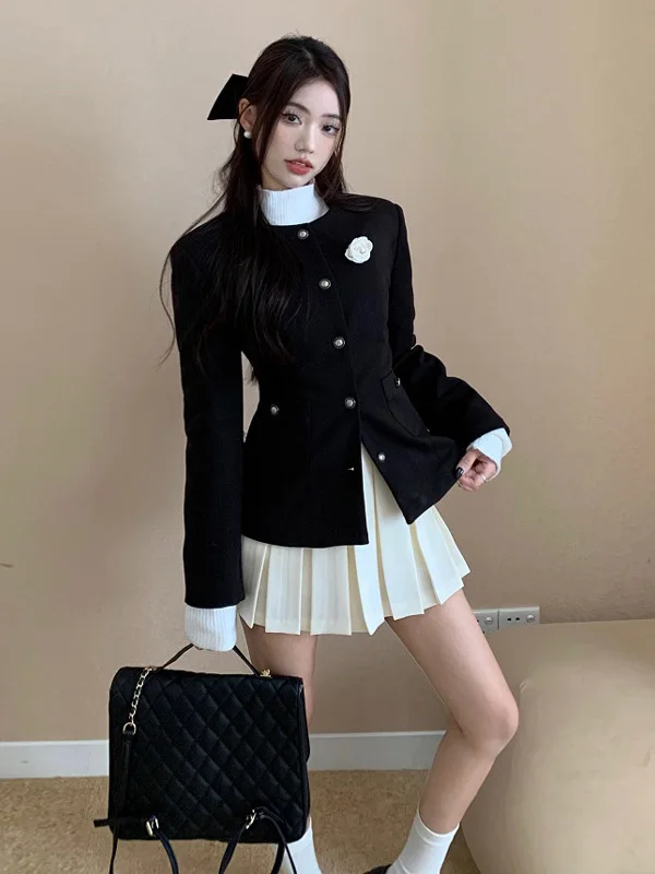 

Style Two-Piece Set Women's Spring Fashion College Wind Suit Woolen Jacket Pleated Skirt Comfortable Mid-Waist
