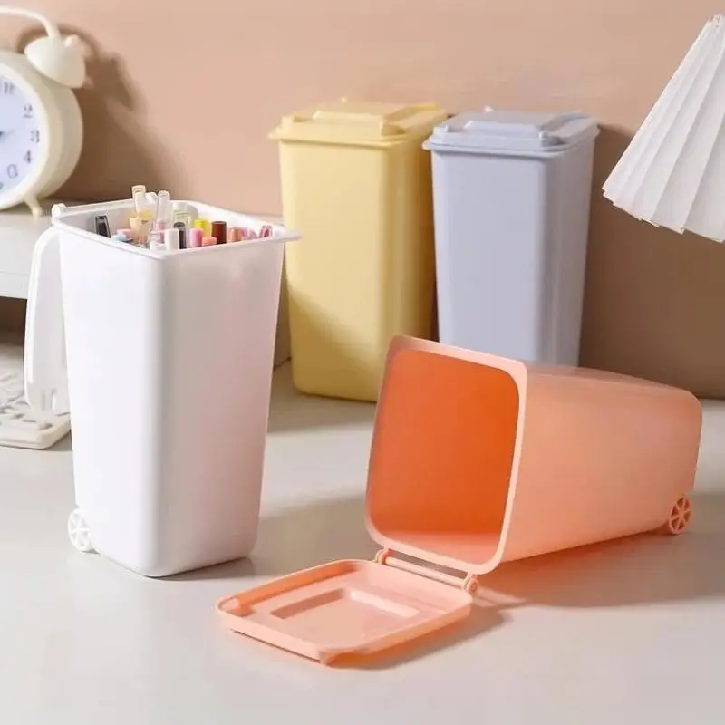 Mini Desk Trash Can Pen Holder Combo 1PCS Portable Lightweight Small Desktop Waste Bin for Office Home Study Table Organizer