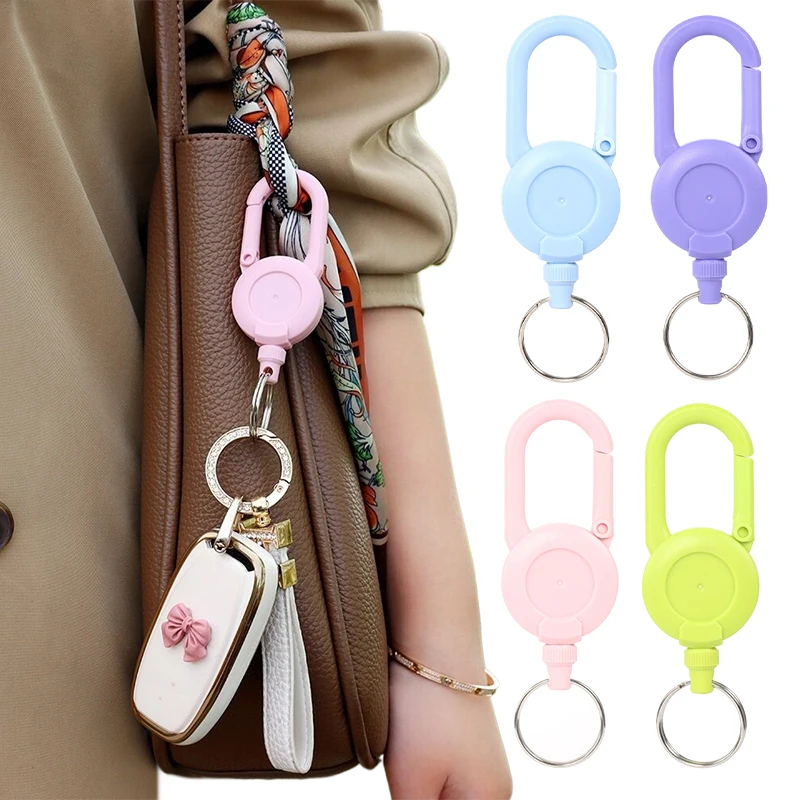 (Ce14)Macaron Color Retractable Keychain Outdoor Anti-theft Easy-to-pull Buckle Wire Rope Reel Elastic Key Ring Retractable Tool