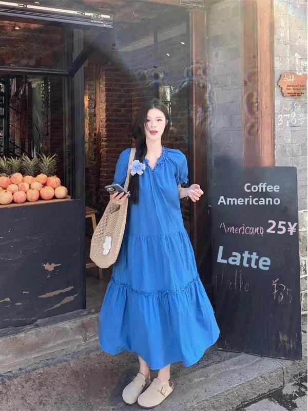 Retro Blue Loose Splice A-Line Long Dress Women's Spring 2026 New Style Shoulder Strap Gown Korean Style Commute Dress