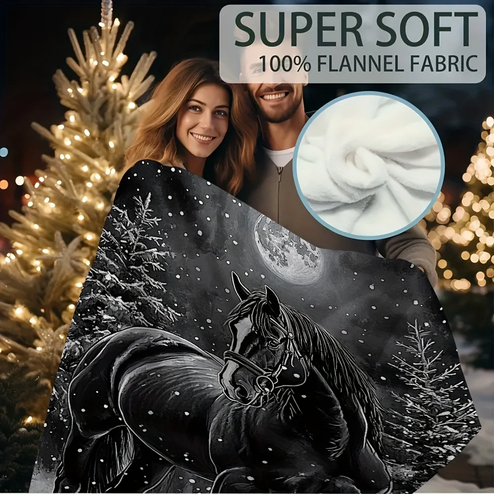 1pc Soft Single-Sided Friesian Horse Print Blanket, 60x80 Inch - Black and White Winter Scene with Full Moon, Perfect for Sofas