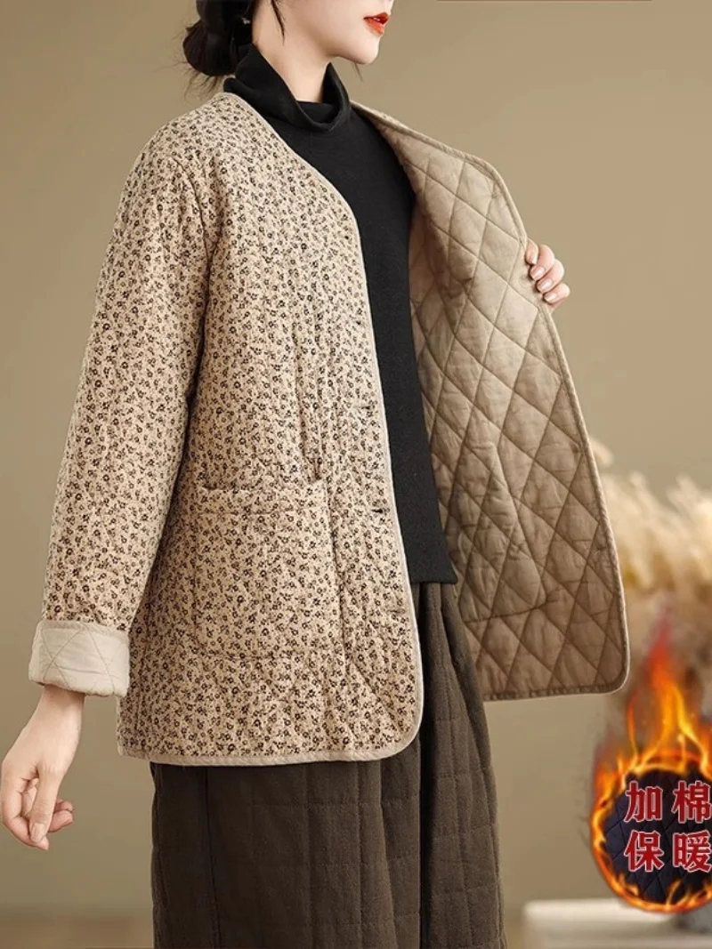 Artistic Retro Floral Warm Cotton Jacket For Women Autumn And Winter 2025 Casual V-Neck Long Sleeved Loose Quilted Coat W850