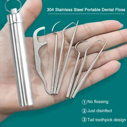 1set-Stainless Steel Toothpick Sets Portable Floss Reusable Toothpicks Tooth Tartar Removal Cleaning Kit With Keychain Holder