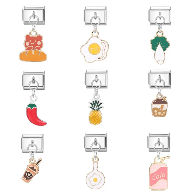 FUNIQUE Cute Charm Milk Tea Cola Cherry Fries Italian Charm Links Fit 9mm Bracelet Stainless Steel DIY Making Jewelry Wholesale