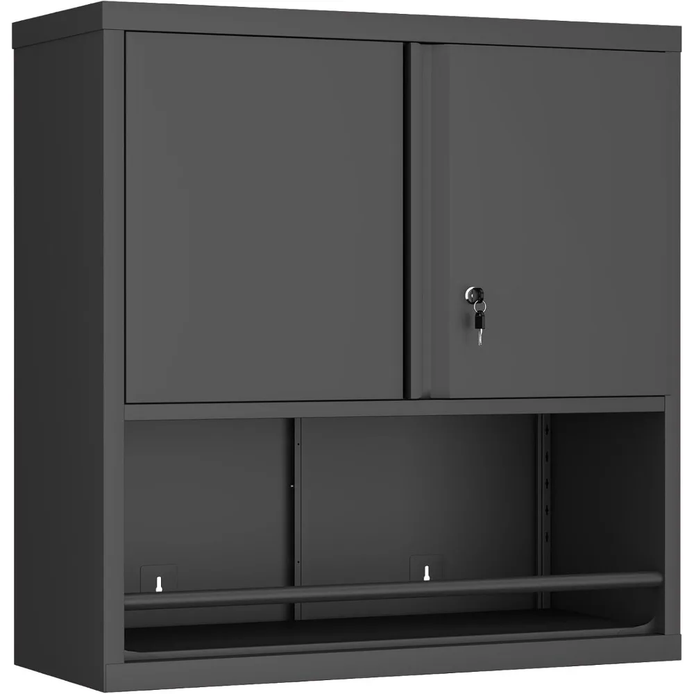 

Metal Garage Storage Cabinets with Doors and Shelves, Lockable Storage Cabinet with Lock, Black Hanging Cabinets