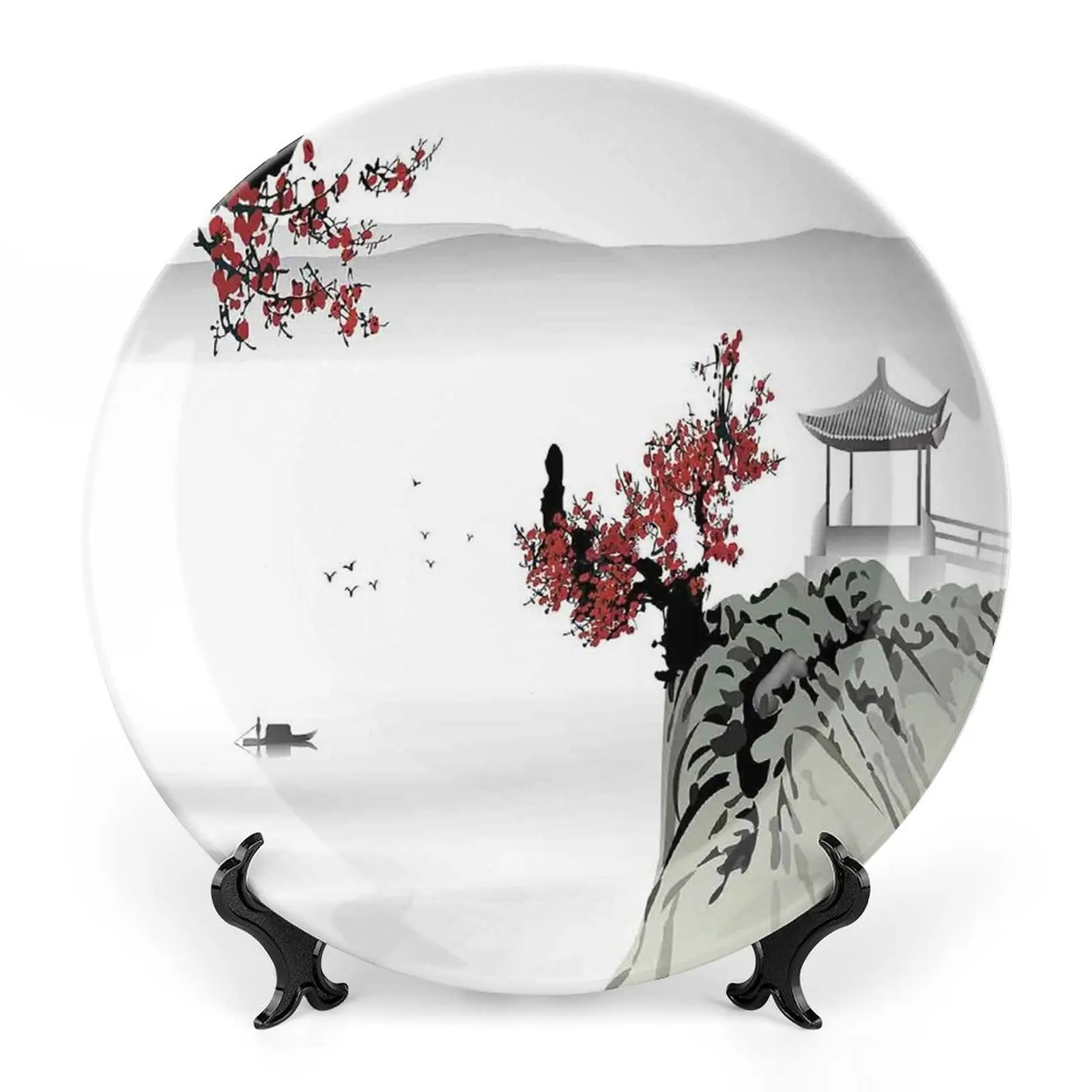 Ceramic Plates,Asian Decor Decorative Ceramic Plates,River Scenery Cherry Blossoms and Boat Mystical,Household Plates Decorative