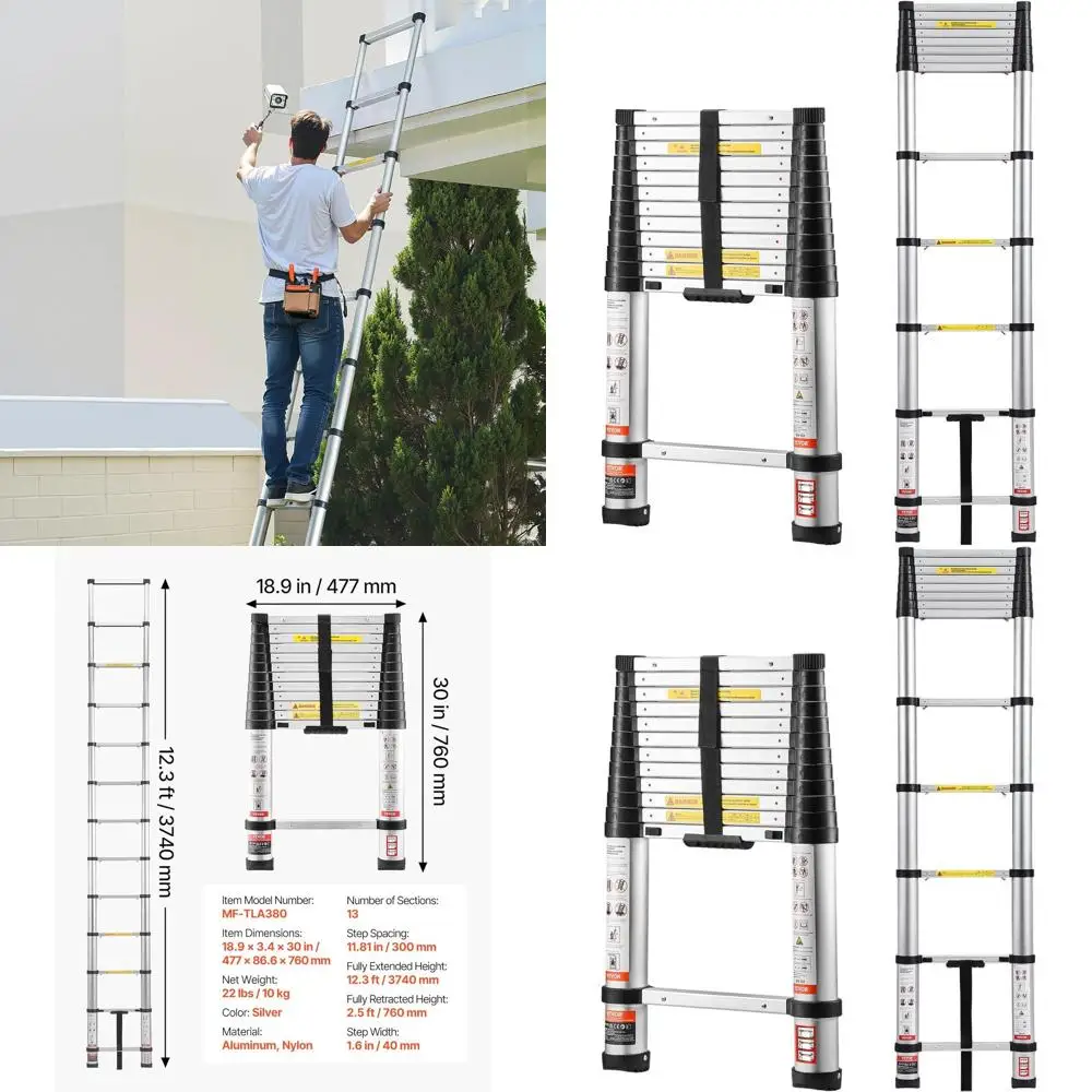 

Aluminum Telescoping Ladder, 12.5ft Lightweight, One-Touch Retractable, 330lbs Capacity, Non-Slip for Home & Outdoor Use