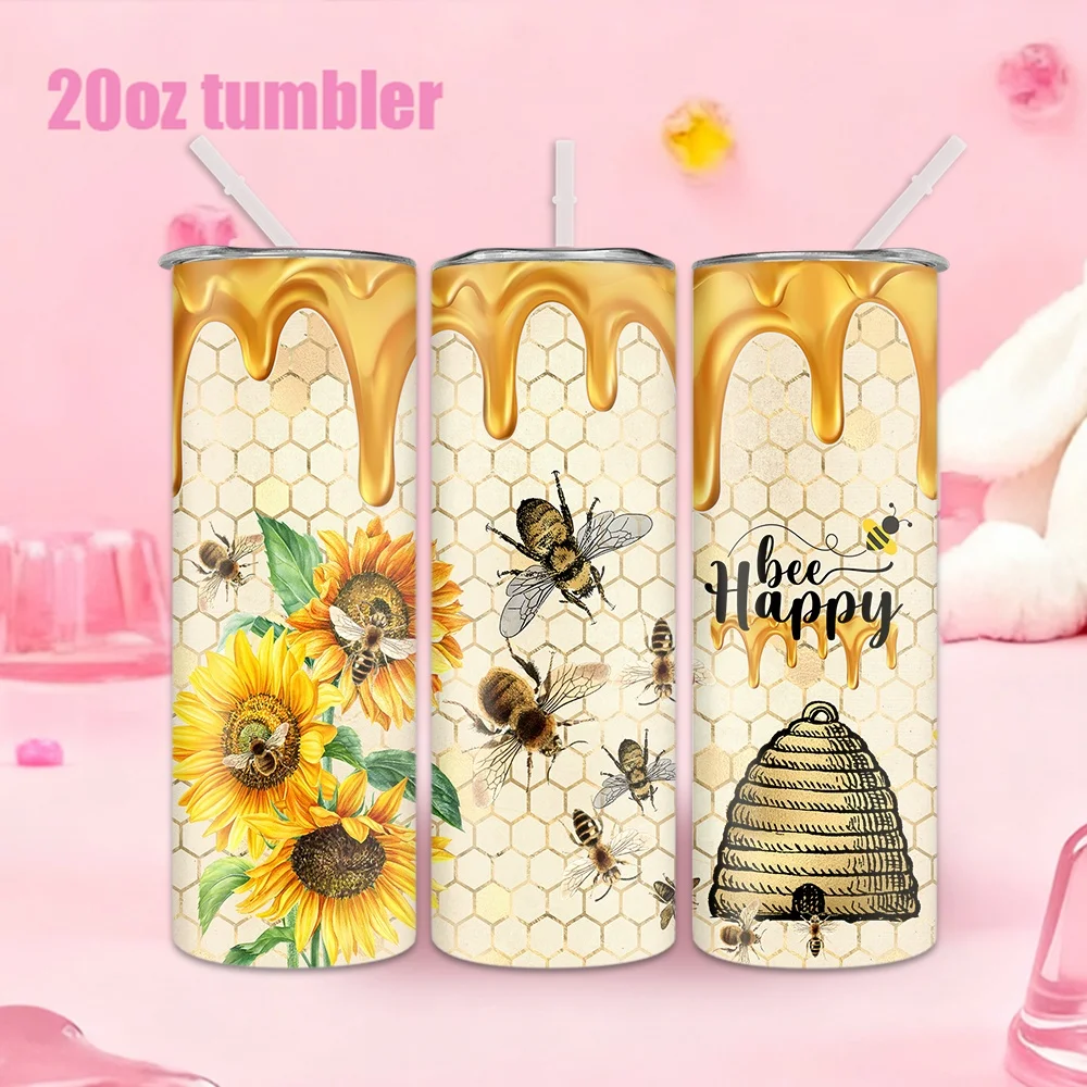 1pc 20oz straw water bottle, insulated stainless steel water cup with bee, sunflower, h1pcy, and h1pcycomb background pattern.