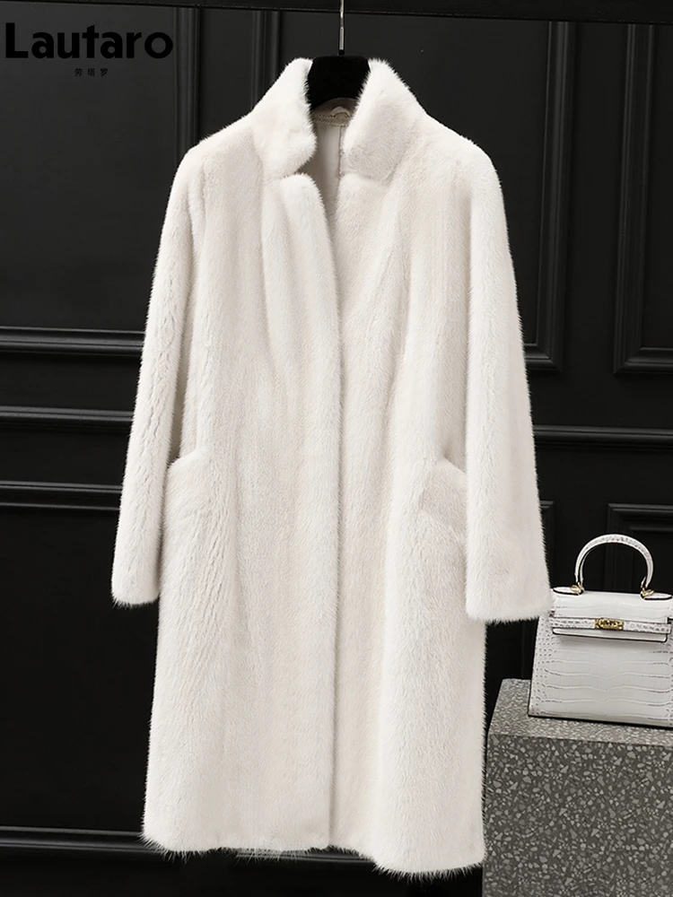 Lautaro Autumn Winter Luxury Elegant White Thick Warm Soft Faux Mink Fur Coat Women Long Sleeve High Quality Fluffy Jacket 2024