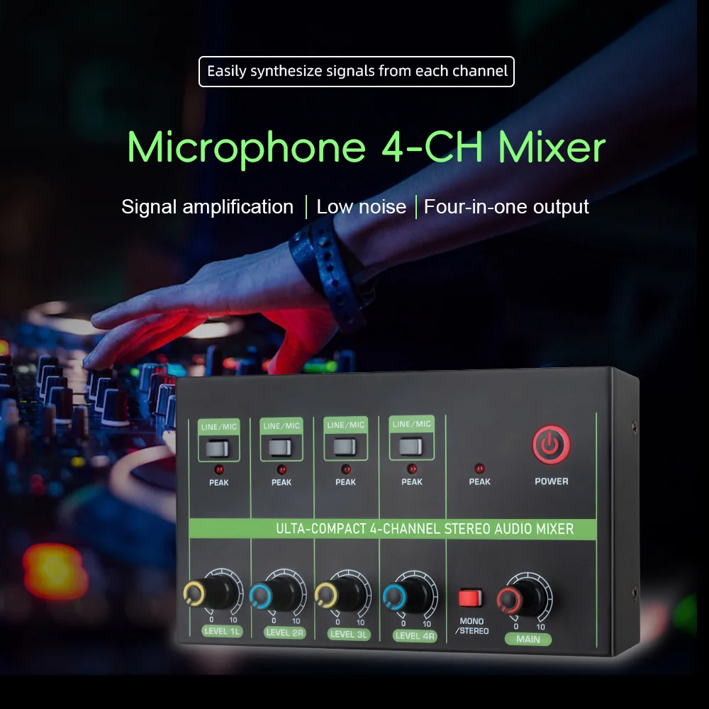 4 Channel Audio Mixer Microphone Low-noise Mono Stereo Line Mixer LINE/MIC Mode Switching for Wired Microphones Electronic Piano