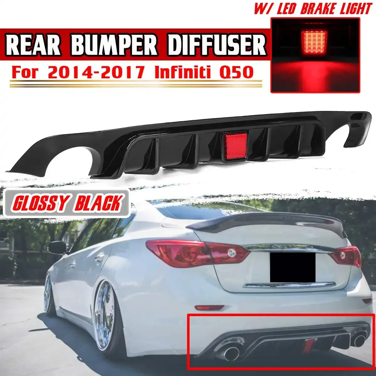 Q50 Car Rear Bumper Diffuser Lip Spoiler Apron W/ LED Brake Light For Infiniti Q50 2014-2017 ABS Rear Bumper Diffuser Lip Guard