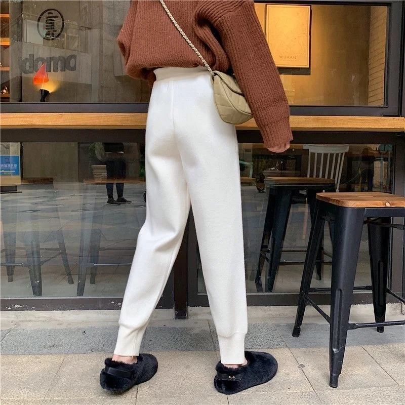 Pantalon streetwear épais pour femme, décontracté, chaud, jambes larges, taille haute, mode douce, droit, fjGå