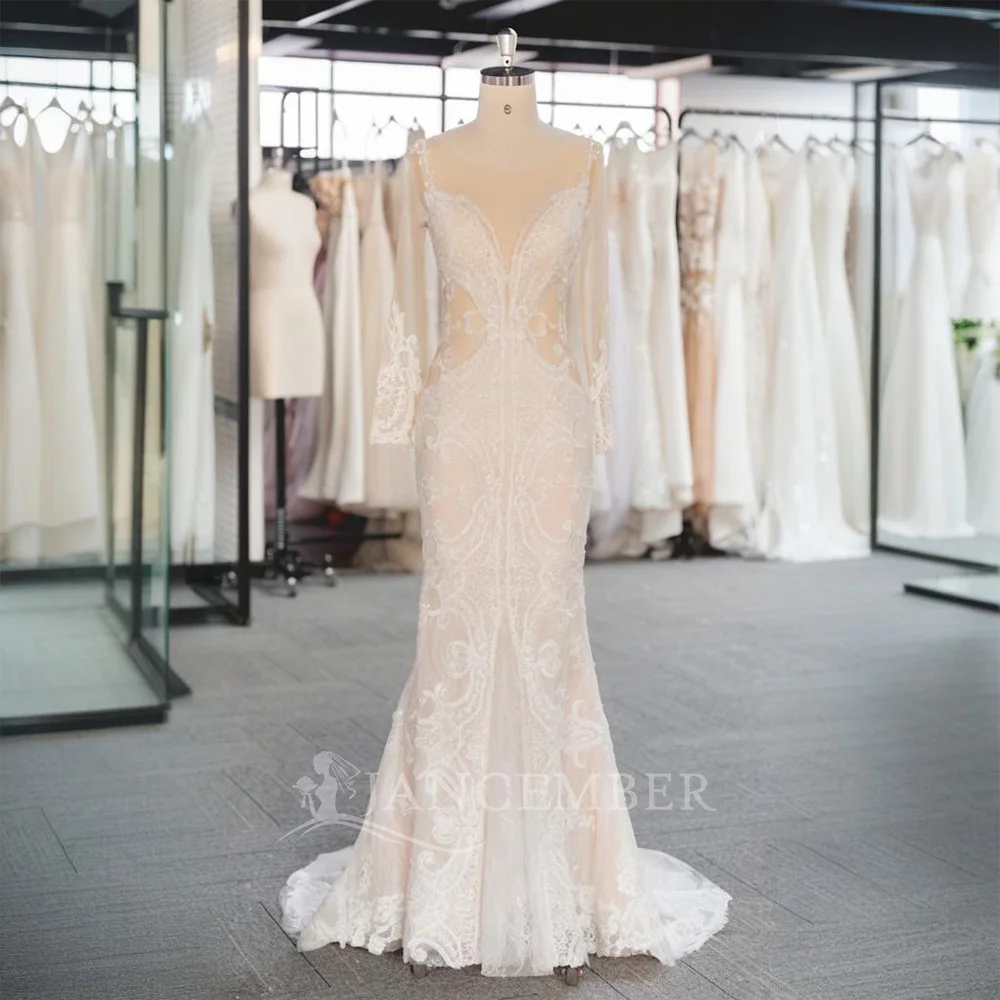 

White Mermaid Women Wedding Dresses Long Sleeves Lace Court Train Bridal Gowns Formal Vestido De Noiva robe de mariée LSSG040